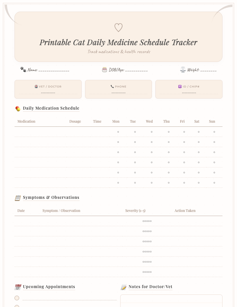 Cute cat daily medicine schedule printable with sections for medicine name, dosage, time, administered checkbox, and notes, featuring playful cat illustrations and a clear weekly grid layout for easy tracking.
