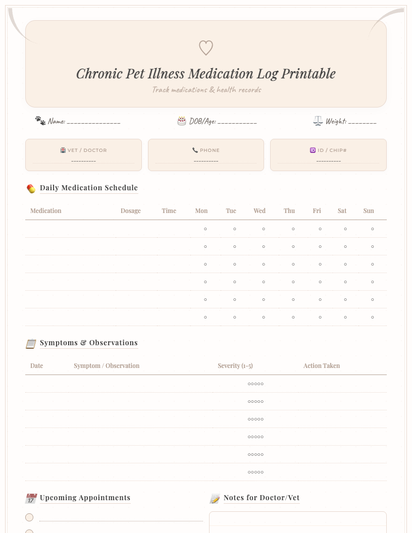 Cute printable chronic pet illness medication log with sections for pet's name, medication, dosage, time, given check box, notes, and a whimsical paw print and heart design.
