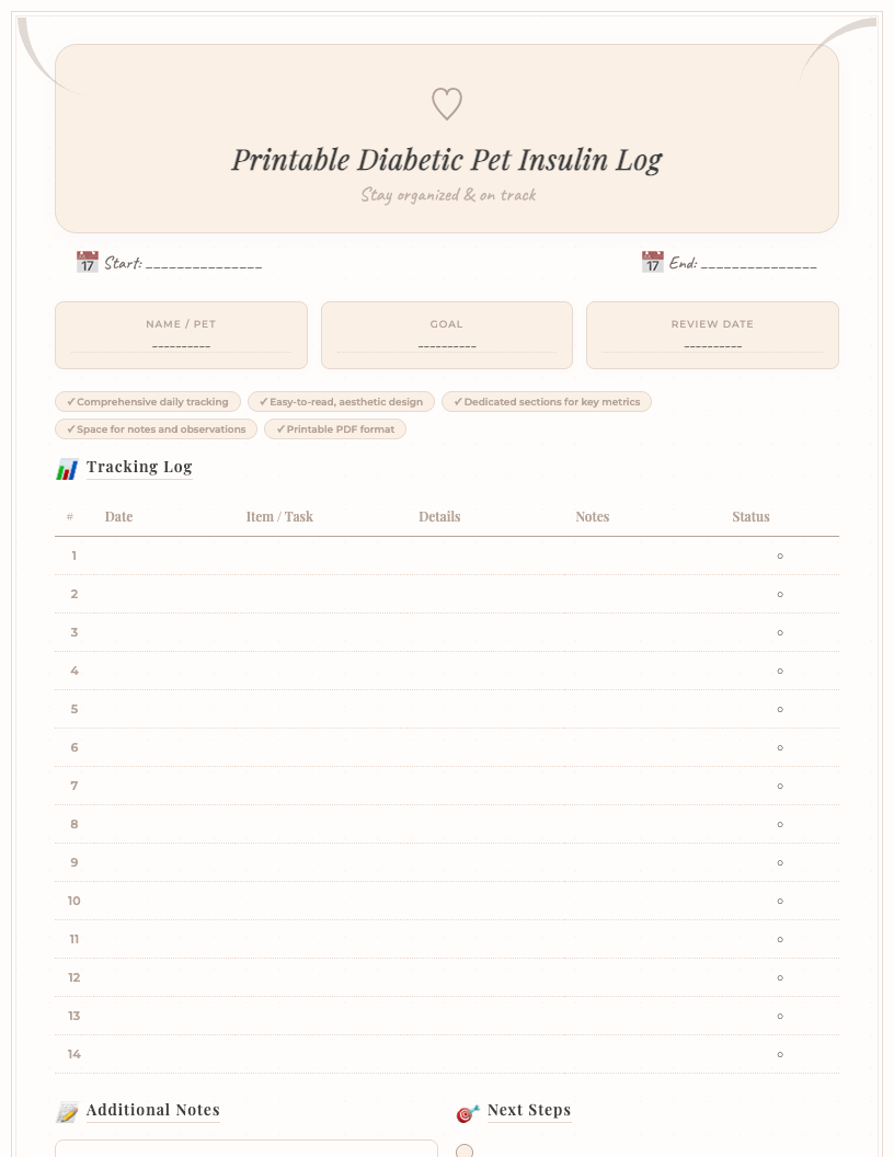 A clean, aesthetic printable diabetic pet insulin log PDF template with sections for Date, Time, Insulin Type, Dosage, Glucose Reading, Food Intake, Notes/Observations, and Vet Contact Info, presented in a calming blue and white color scheme.