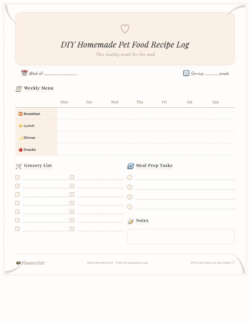 Preview image of a cute printable DIY Homemade Pet Food Recipe Log, showing sections for Recipe Name, Ingredients, Instructions, Notes, and a paw print design.