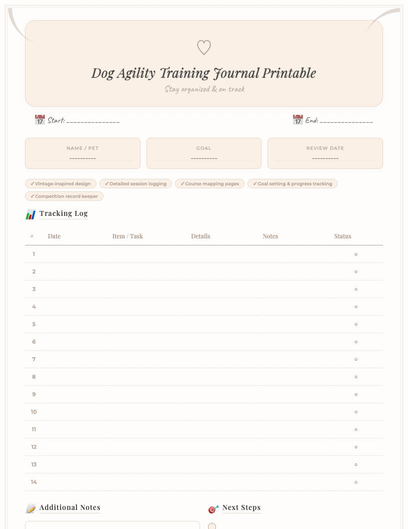 A vintage-style dog agility training journal printable with pages for session logs, course maps, goal tracking, and competition records, featuring classic fonts and a sepia tone aesthetic.