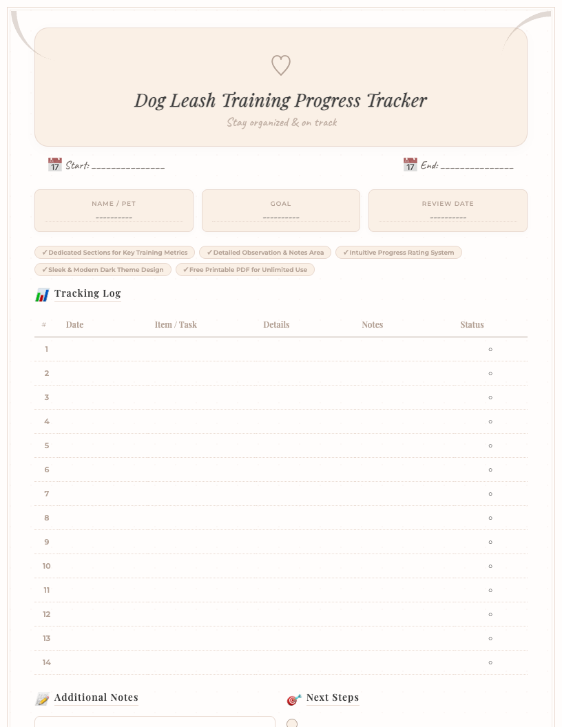 Close-up of a sleek, dark-themed free printable dog leash training progress tracker, featuring columns for date, duration, environment, observations, progress rating, and notes, designed for modern dog owners.