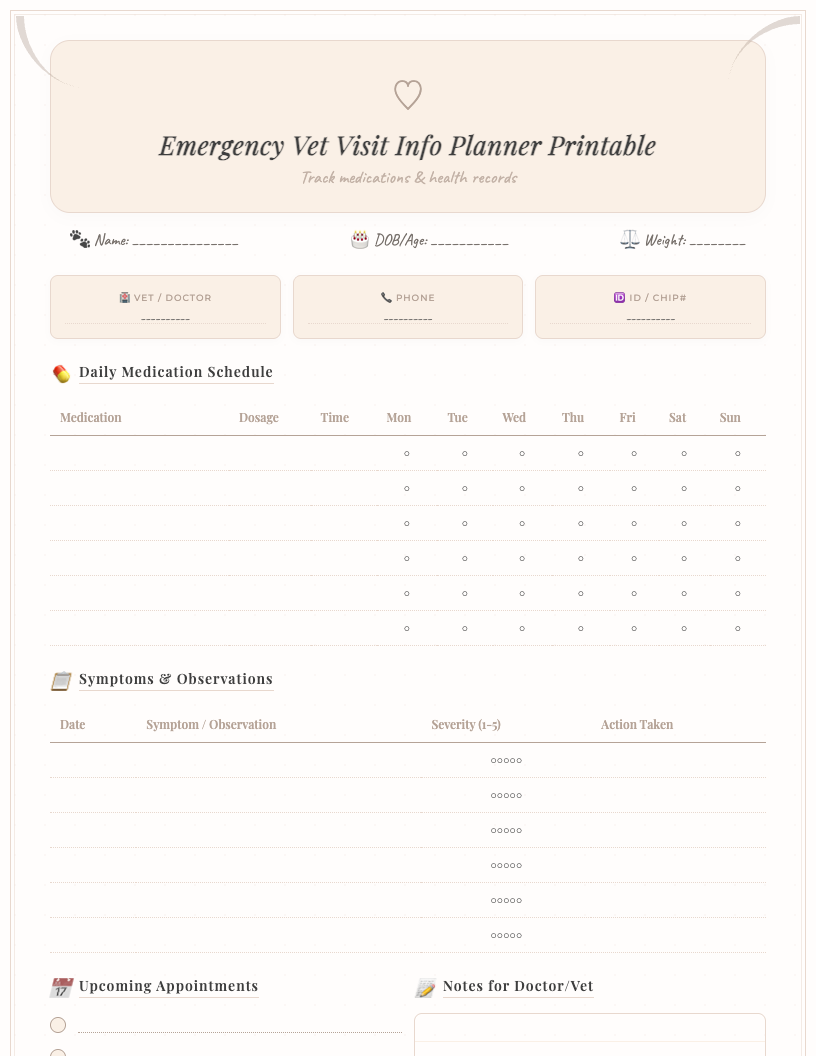 A clean, organized printable emergency vet visit info planner featuring sections for pet details, vet contacts, medication list, allergies, vaccination history, and emergency notes, designed in a simple black and white style.