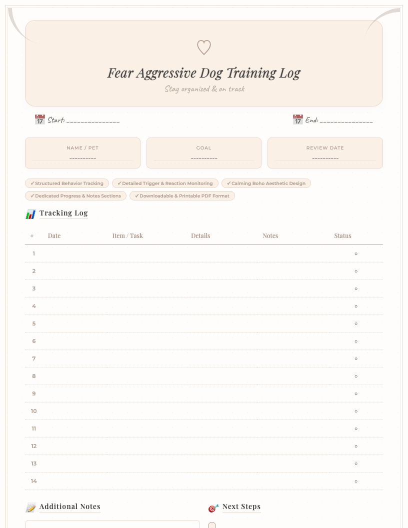 Preview image of a free printable fear aggressive dog training log, featuring a boho-style design with earthy tones, leaf motifs, and sections for date, time, location, trigger, dog's reaction, trainer's response, and notes.