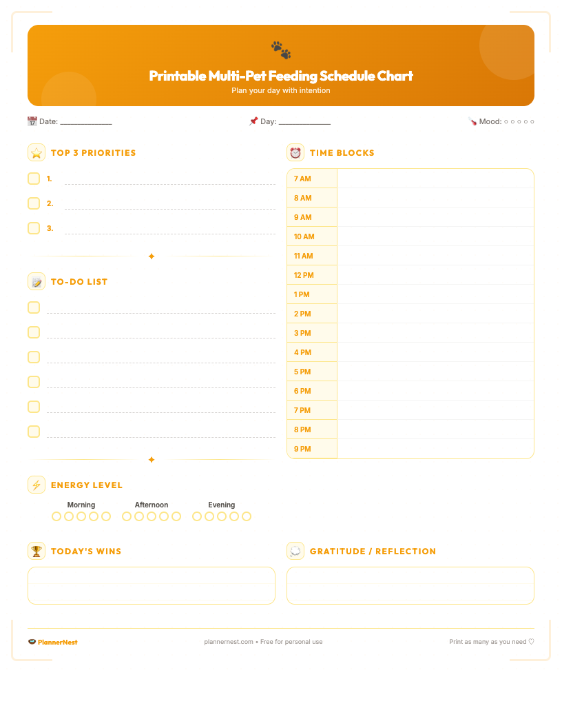 Minimalist multi-pet feeding schedule printable chart featuring columns for pet names, meal times (Breakfast, Lunch, Dinner, Snacks), food type, and notes, with ample space for multiple days and pets, designed for easy organization.