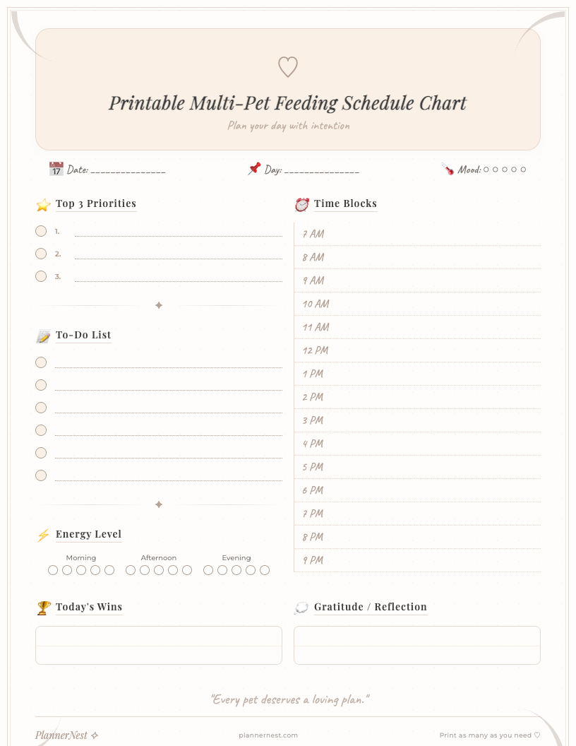 Minimalist multi-pet feeding schedule printable chart featuring columns for pet names, meal times (Breakfast, Lunch, Dinner, Snacks), food type, and notes, with ample space for multiple days and pets, designed for easy organization.