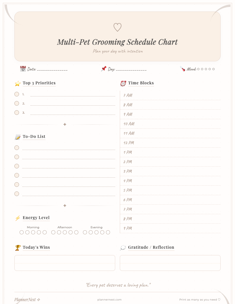 A clean, white multi-pet grooming schedule chart template with multiple rows for different pet names and columns for grooming tasks like 'BATH', 'BRUSH', 'NAILS', 'EARS', and 'NOTES', all clearly labeled in a minimal font.