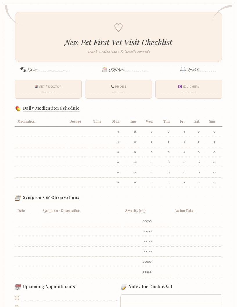 Minimalist new pet first vet visit checklist printable featuring sections for pet details, vet questions, medical history, and supplies to bring, on a clean white background with black text and simple checkboxes.