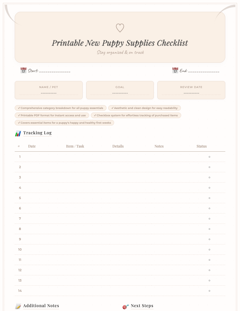 Aesthetic new puppy supplies checklist printable in a light, calming color palette with puppy paw print icons. Features clear sections for Food, Sleep, Play, Grooming, Health, and Training, with checkboxes next to each item.