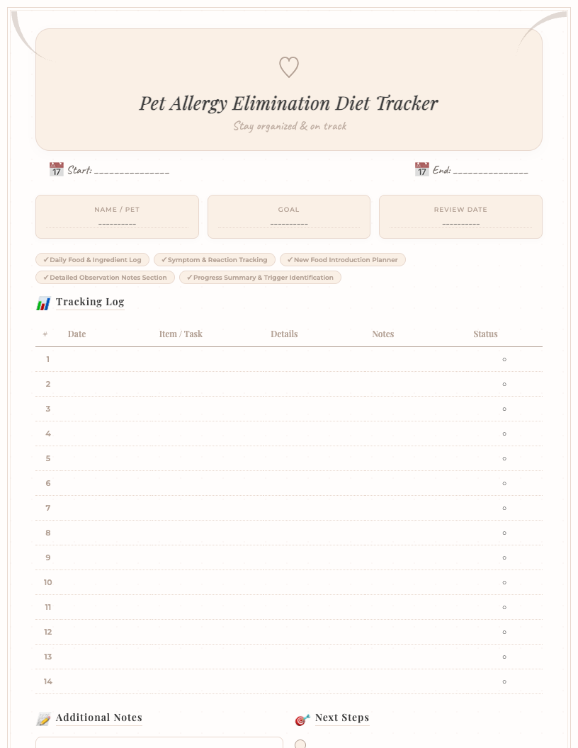 Vintage style pet allergy elimination diet tracker printable showing sections for daily food log, symptom tracking, new food introductions, and notes, with an organized, clean layout on a light background, ready for download.