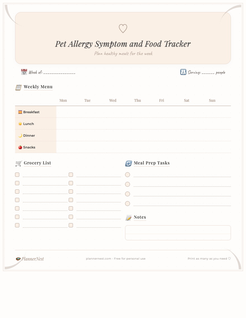 A cute, colorful free printable Pet Allergy Symptom and Food Tracker PDF showing columns for date, food consumed, symptoms observed, severity, and notes, with paw print and bone illustrations.
