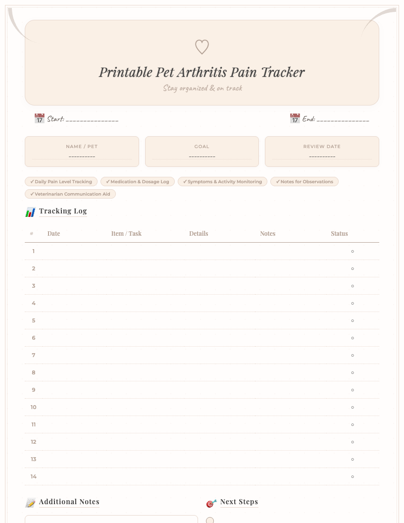 Preview image of a clean, minimalist printable pet arthritis pain tracker featuring sections for date, pain level scale, affected areas, symptoms, medication log, and notes, all in a clear, easy-to-read layout on white paper.