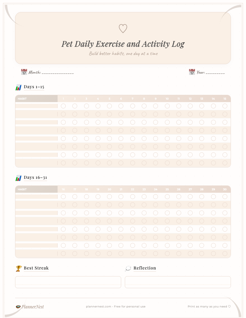 Preview image of a free printable Pet Daily Exercise Activity Log featuring a charming floral design, with sections for Date, Pet's Name, Exercise Type, Duration, Intensity, Notes, Potty Breaks, Water Intake, and Mood.