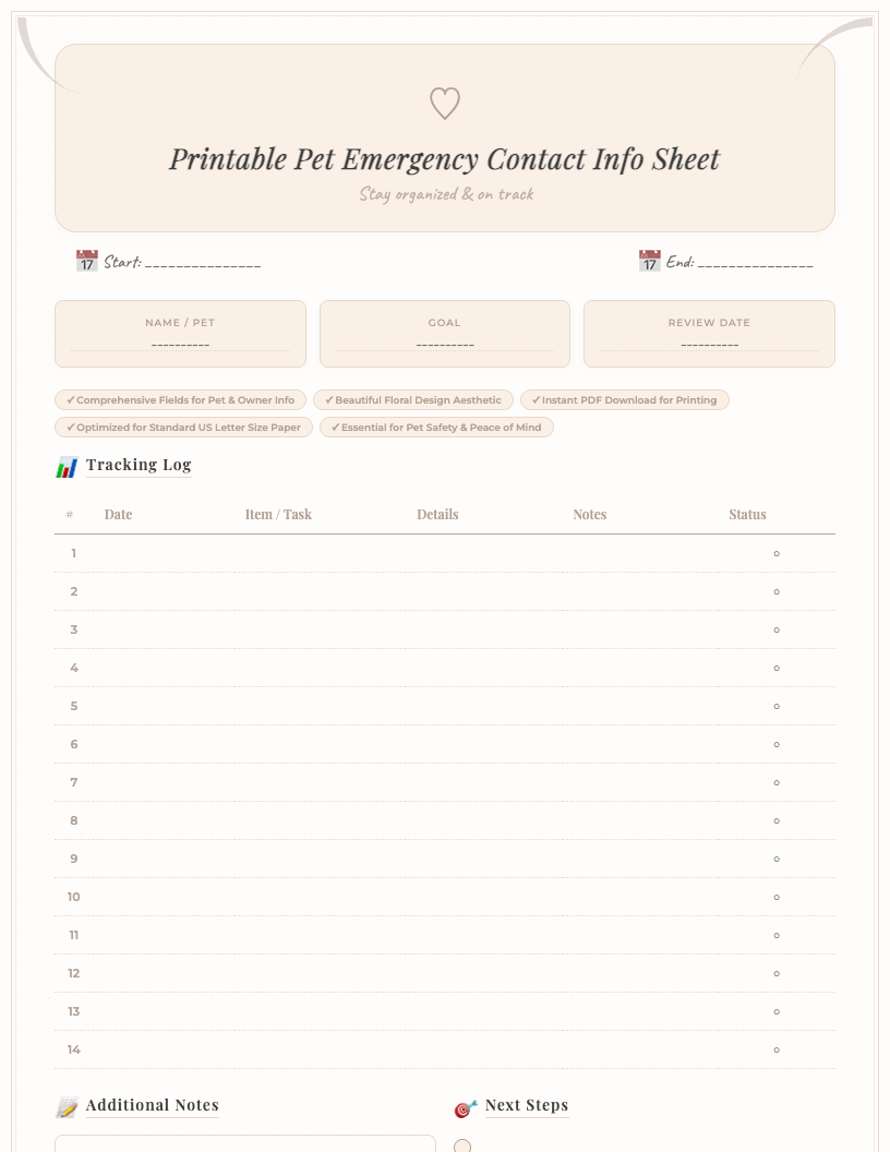 Preview of a floral-themed printable pet emergency contact info sheet PDF, featuring sections for owner details, veterinary information, emergency contacts, pet's vital stats, and medical notes.