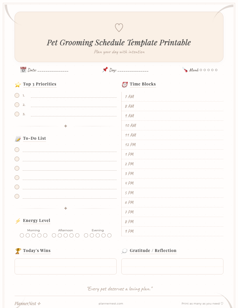 Dark-themed printable pet grooming schedule template showing sections for Date, Grooming Task, Notes/Observations, and Next Scheduled Date, with subtle paw print and grooming tool icons like scissors and brushes.