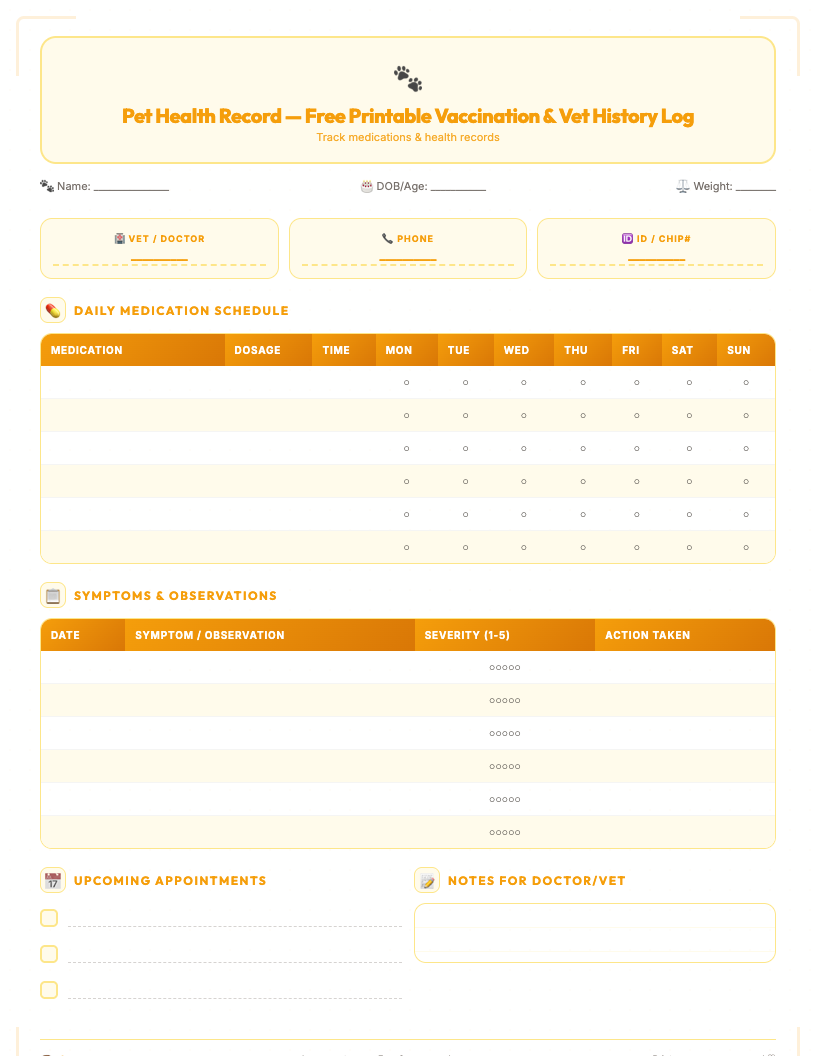Free printable pet health record with vaccination log, weight tracker, vet visit history, and emergency contact sections