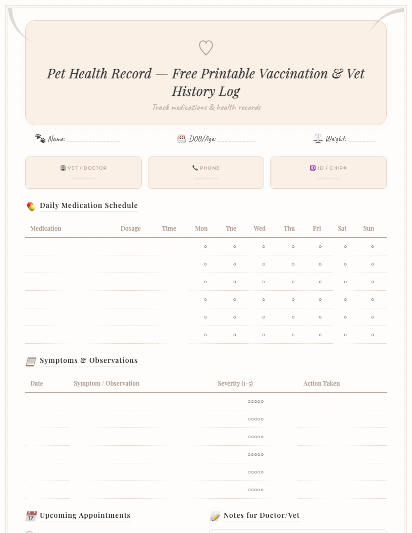 Free printable pet health record with vaccination log, weight tracker, vet visit history, and emergency contact sections