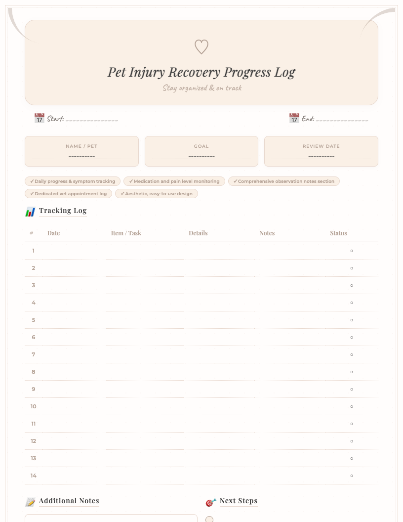 Aesthetic printable pet injury recovery log featuring sections for date, time, pain level, medication, symptoms, activity, food/water intake, and vet appointments, with a calm, pastel color scheme, clean layout, and subtle paw print accents at the top.