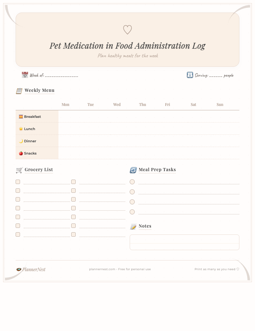 Dark-themed printable pet medication in food administration log showing columns for date, pet name, medication, dosage, time, food used, administered by, and notes. The sleek design features clear labels and ample space for writing, ideal for organized pet care.