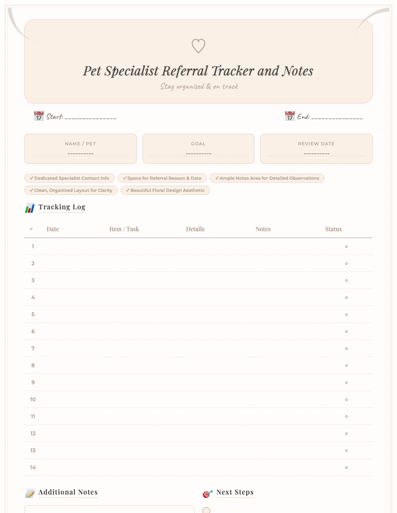 A close-up view of a free printable Pet Specialist Referral Tracker and Notes sheet, featuring a delicate floral border with pink and blue flowers, sections for specialist details, referral reason, appointment dates, and a large notes area, designed for easy pet health organization.