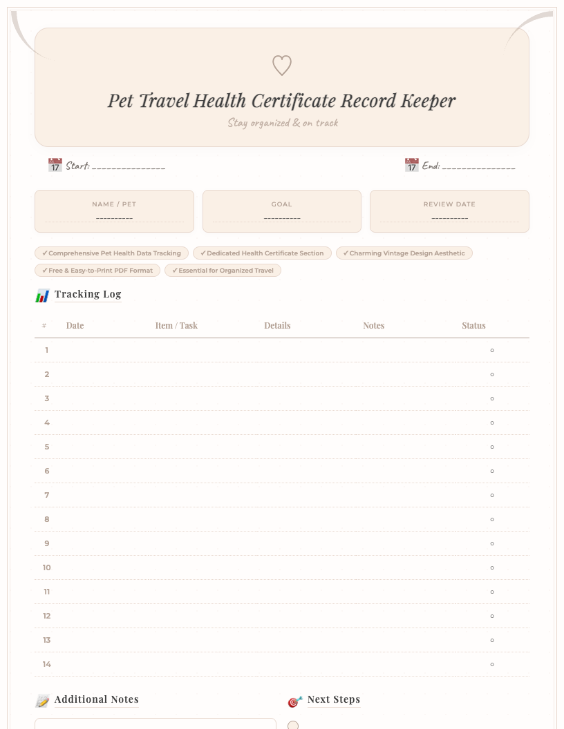 Vintage-style pet travel health certificate record keeper printable PDF, featuring elegant typography, antique paper texture, and dedicated sections for pet details, vaccination history, health certificate information, and vet contacts.
