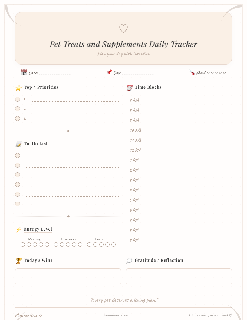 Close-up view of a clean, simple daily pet treats and supplements tracker printable. It features columns for Date, Treat/Supplement Name, Quantity/Dosage, Time, and Notes, with a space for Pet's Name at the top. The design is minimalist and easy to read, perfect for monitoring pet health.