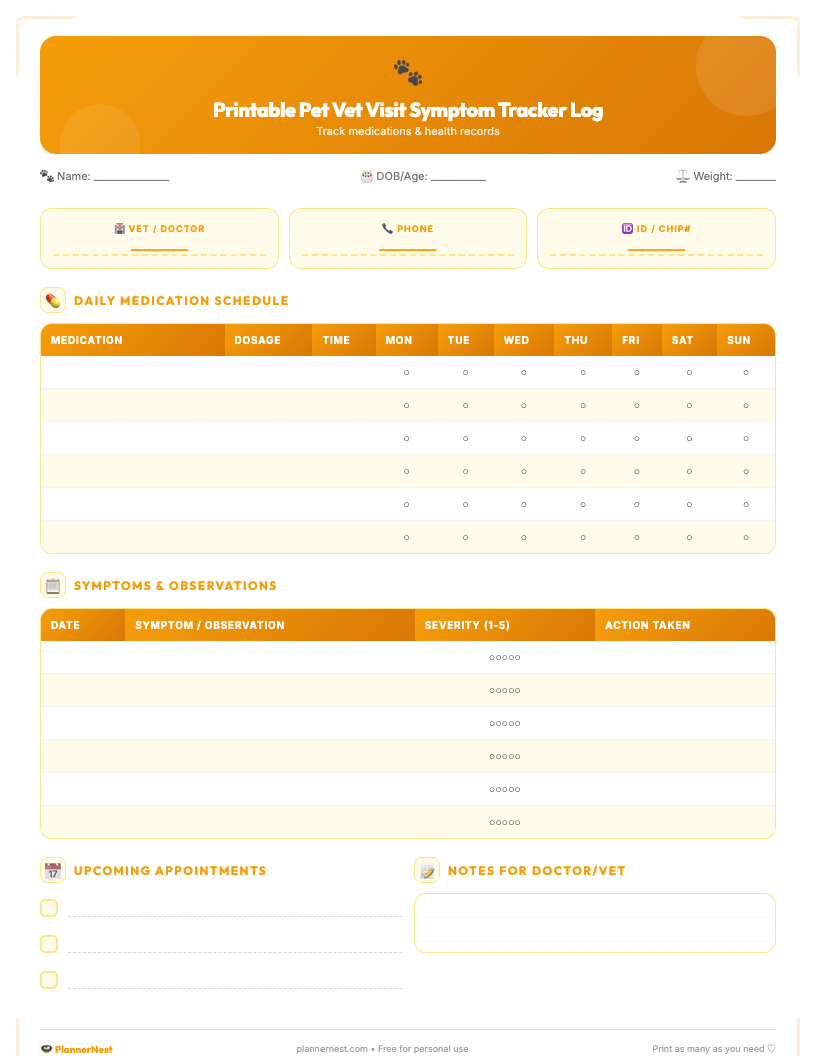 A clean, organized free printable pet vet visit symptom tracker log in a light, calming design. The PDF features clearly labeled sections for 'Pet Information' (name, species, breed, age), 'Symptom Details' (onset, frequency, description, severity), 'Observation Notes', 'Prior Actions/Medications', 'Questions for the Vet', and 'Vet's Notes & Instructions', all laid out for easy readability and ample writing space.
