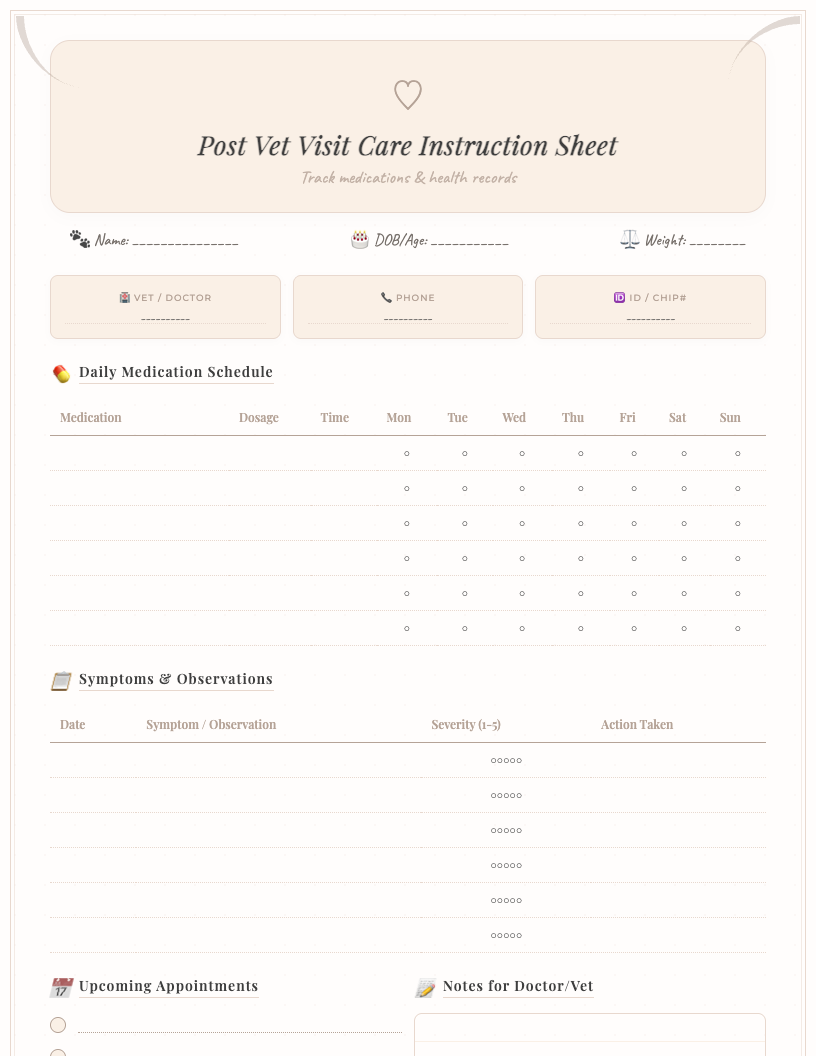 Preview of a clean and organized free printable Post Vet Visit Care Instruction Sheet PDF. The sheet features clear sections for Pet's Name, Date, Vet's Name, Reason for Visit, Medication Schedule, Follow-Up Appointments, Special Instructions, Emergency Contact, and Notes with ample writing space.