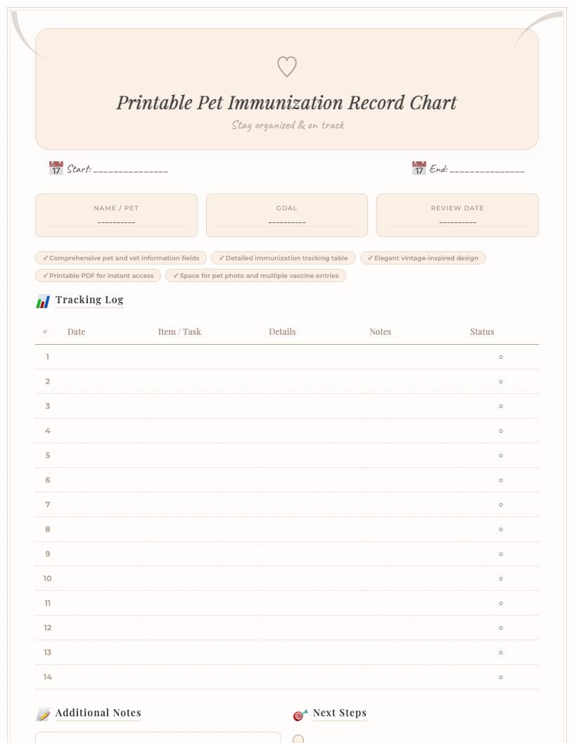 Vintage style free printable pet immunization record chart featuring a rustic border, fields for pet's name, breed, microchip, vet details, and a detailed table for vaccine name, date given, and next due date, presented in a classic sepia-toned aesthetic with ornate decorative elements.