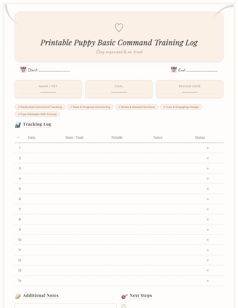 Preview image of a cute printable puppy basic command training log showing sections for date, command, progress checkboxes, notes, and reward used, adorned with playful paw prints and bone accents.