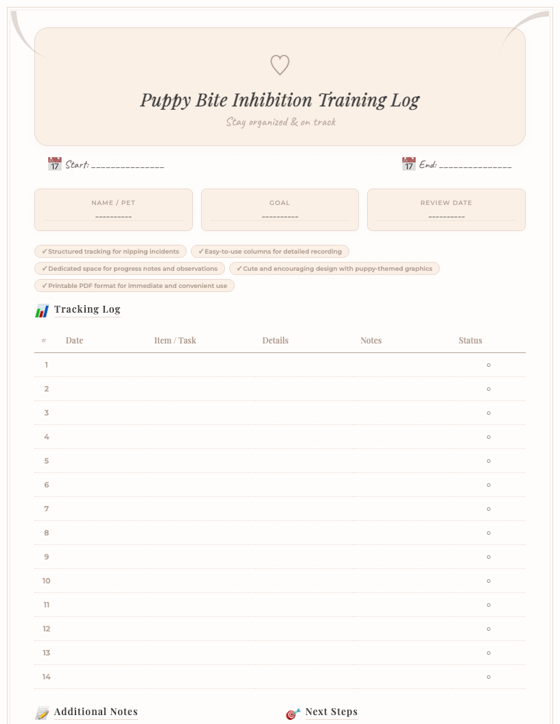 Preview of a cute, colorful puppy bite inhibition training log printable. Features columns for date, time, nipping type, intensity, context, trainer response, and progress notes, with paw print and bone accents and a playful font.