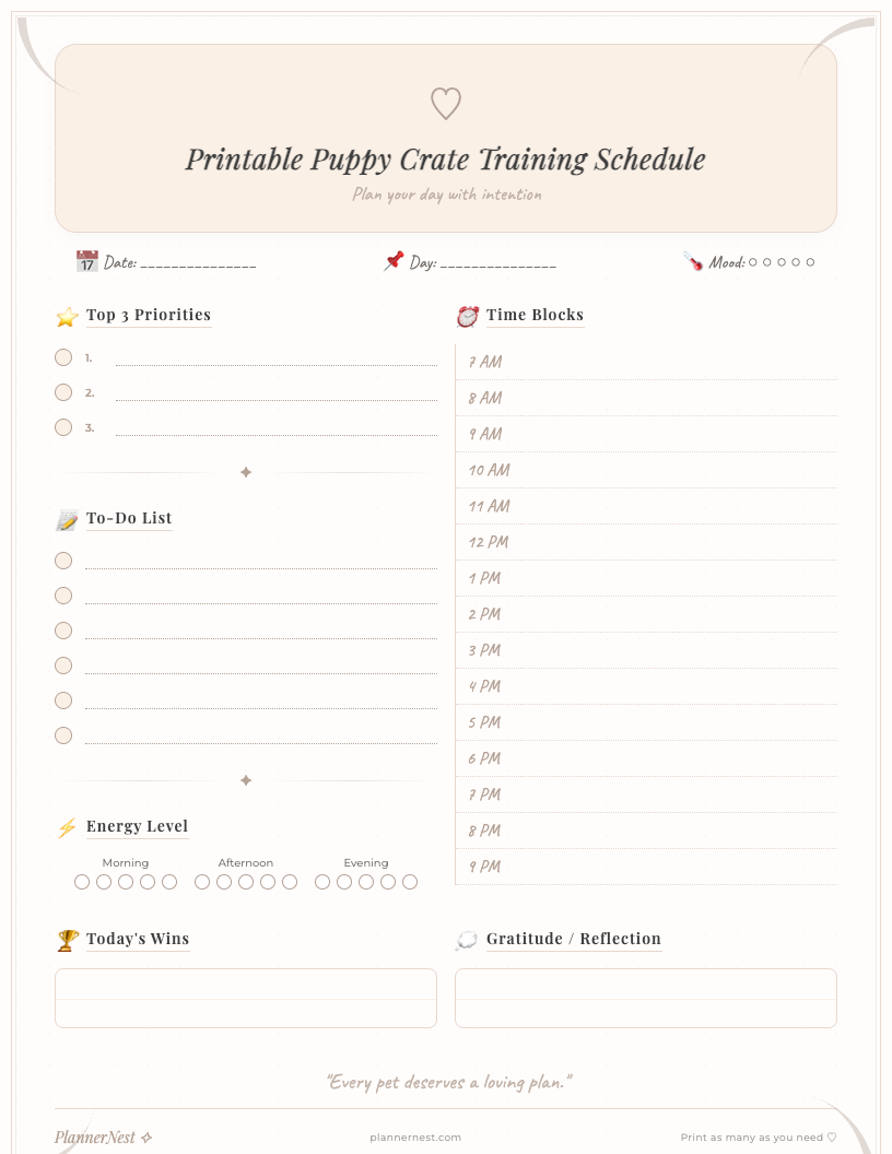 Free printable puppy crate training schedule in a floral design, showing sections for daily routine, potty breaks, feeding times, play, and sleep with checkboxes and a dedicated notes area for tracking progress.