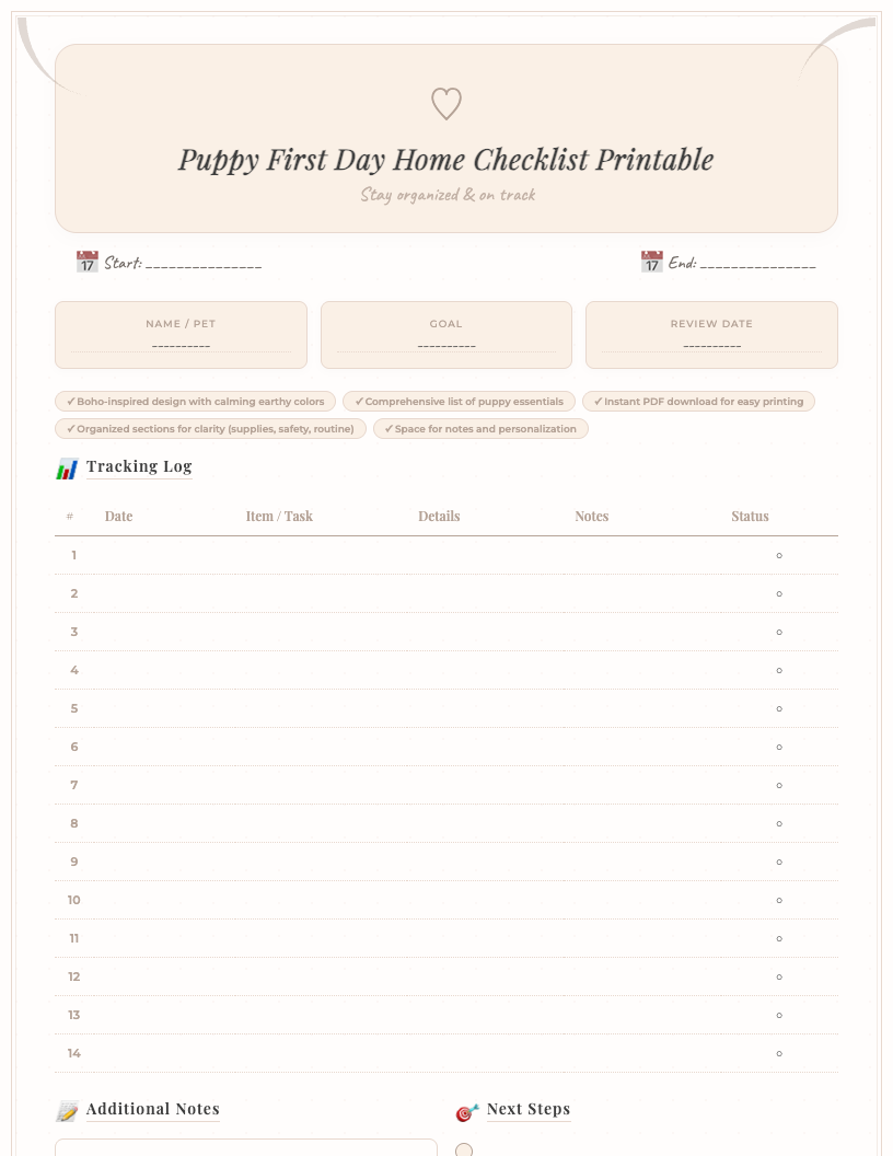 Boho-style Puppy First Day Home Checklist printable PDF in warm, earthy tones, featuring a cute outline illustration of a puppy, organized sections for supplies, schedule, and tasks, against a subtle textured background.