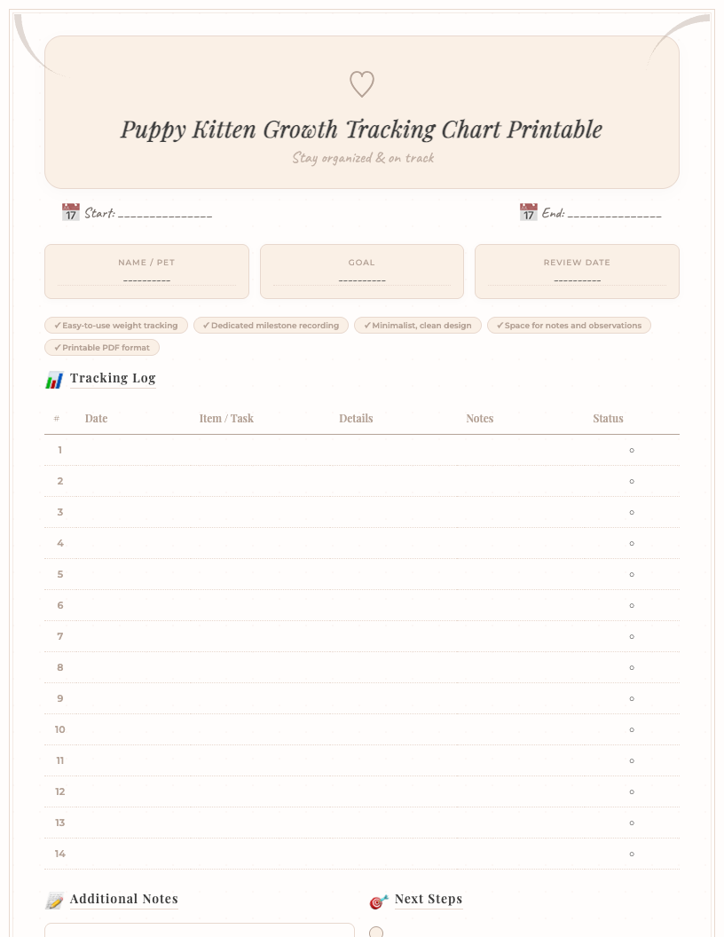 Minimalist puppy kitten growth tracking chart free printable PDF with columns for date, weight, milestones, and notes. Clean design with space for pet's name, suitable for monitoring a young pet's development.