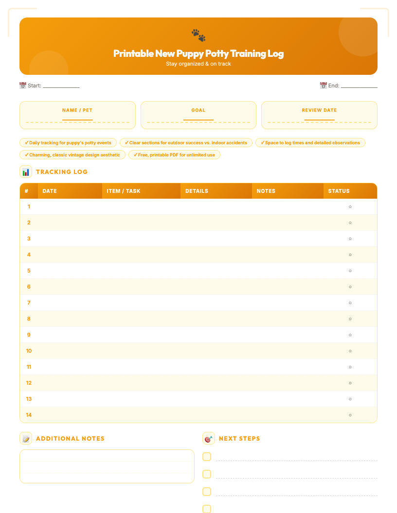 A vintage-style new puppy potty training log printable PDF, featuring fields to track date, time, successful pees and poops outdoors, indoor accidents, and a detailed notes section, designed with charming classic aesthetics.