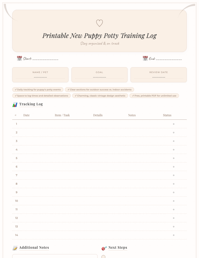 A vintage-style new puppy potty training log printable PDF, featuring fields to track date, time, successful pees and poops outdoors, indoor accidents, and a detailed notes section, designed with charming classic aesthetics.