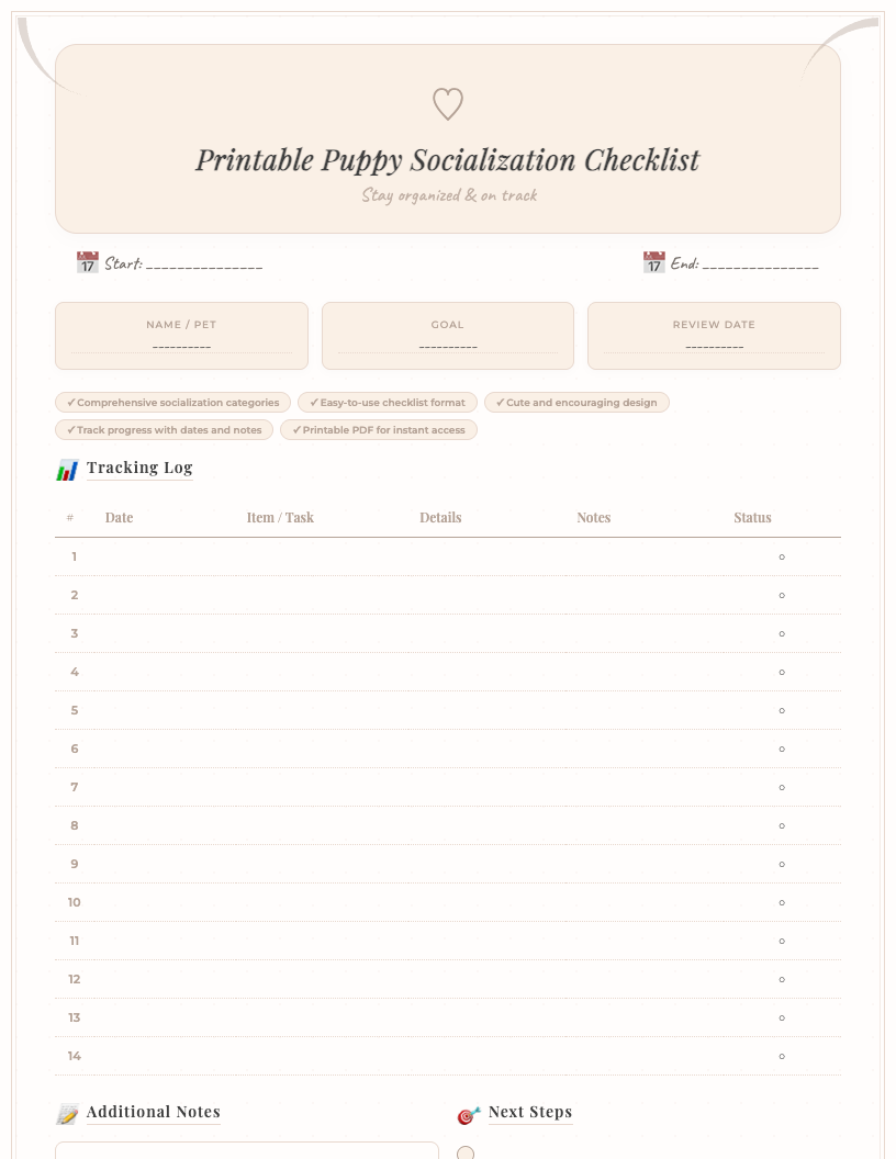 Cute puppy socialization checklist printable with sections for 'New People,' 'New Places,' 'New Sounds,' 'New Objects,' and 'Other Animals,' featuring checkboxes, date fields, and notes sections, all in a friendly, colorful design.