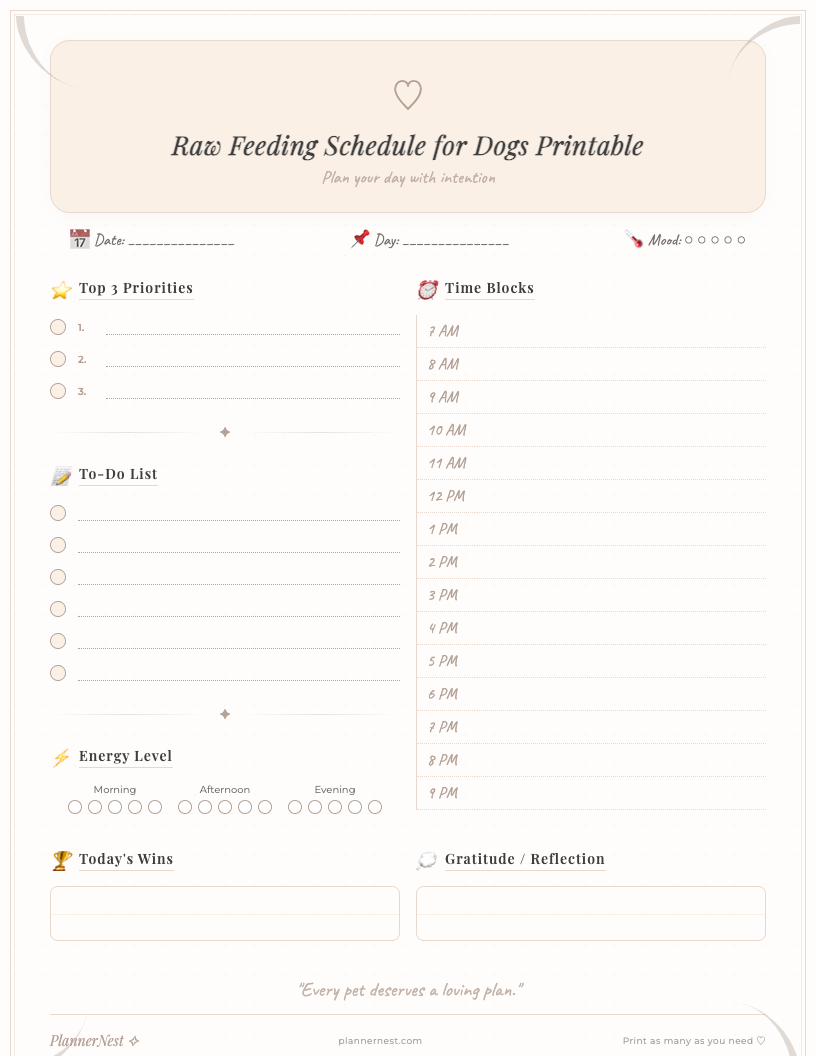 Boho style raw feeding schedule for dogs printable template, showing sections for daily AM/PM meals, protein, organ, bone content, supplements, and notes, all in a neutral color palette with decorative leafy elements.