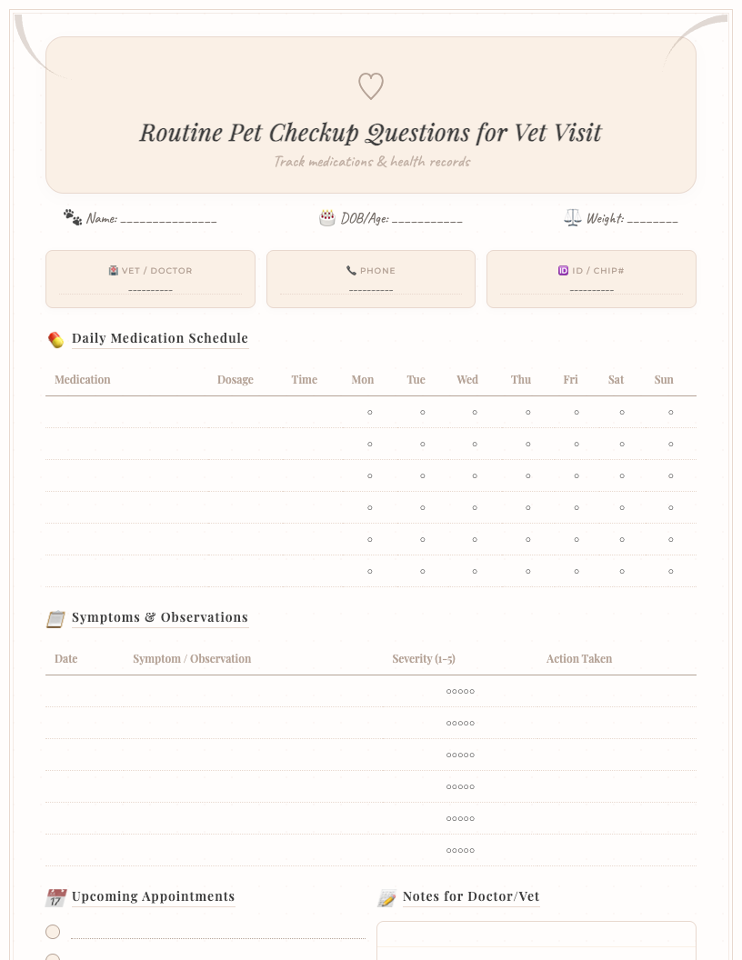 Cute pink and blue printable planner page with sections for 'Routine Pet Checkup Questions', including pet info, health checklist, medications, diet, and questions for the vet. Features paw print and bone icons.