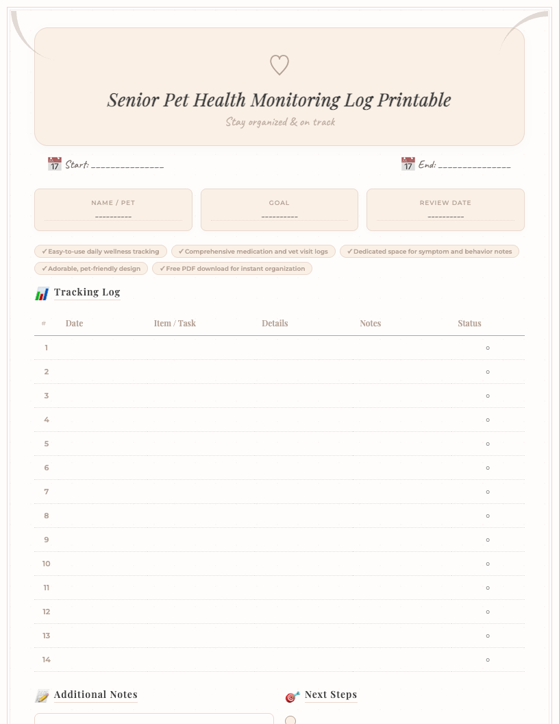 Cute printable senior pet health monitoring log with sections for medication tracking, vet visit details, daily notes, weight, and food/water intake, adorned with paw prints and bone accents on a clean, white background, available as a free PDF download.